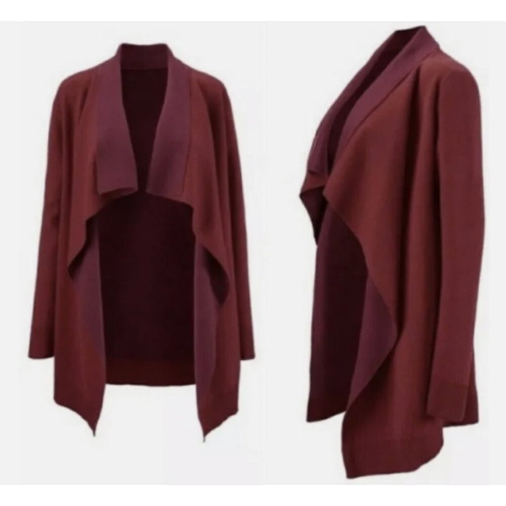 CAbi Cozy Up Maroon Red Two Tone Open Front Waterfall Cardigan Sweater Womens S